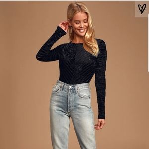 Lulu's Black Velvet Striped Long Sleeve Bodysuit